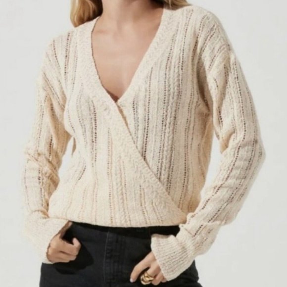 Astr Sweaters - Astr The Label Wrap Front Mix Stitch Pointelle Knit Sweater Madeline Cream
